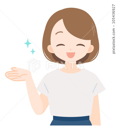 A smiling woman who spreads her hands and guides 105436927
