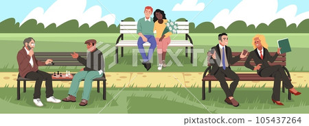 People on benches. Motley audience resting in park, romantic couple, business meeting, chess players, outdoor pastime, wooden seating in park tidy vector cartoon flat isolated concept 105437264