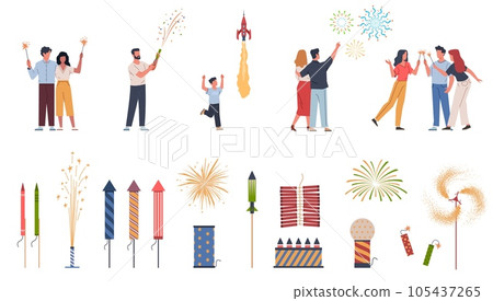 People and fireworks. Men, women and kids fire sparklers, clapping crackers, have fun and rejoice, festival explosions. Burning bengal lights. Holiday party celebration salutes, nowaday vector set 105437265
