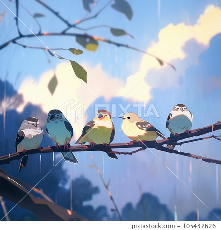 Art watercolor colorful illustration of  birds on the branch, blue clouds on background. Birds in nature. Group of beautiful small songbird sitting on the branch. Beautiful art still life with birds. 105437626