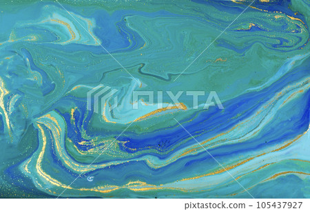 Golden and Green Wave Veins on Blue Marble Background. 105437927