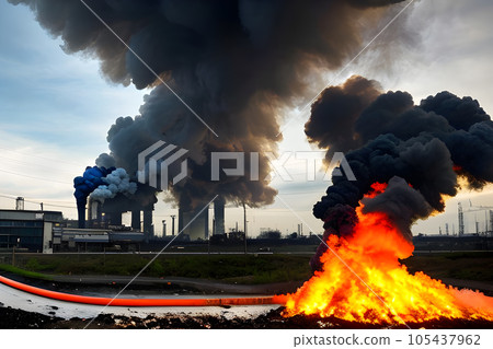 representation a scene depicts the issue of ecology pollution against a stark black representation a scene depicts the issue of ecology pollution against a stark black 105437962