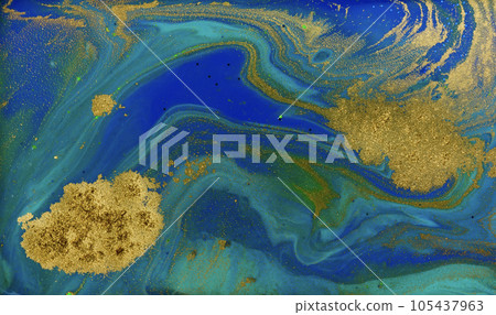 Blue and Golden Dust Placer on Liquid Blue Ink Background. Blue and Golden Dust Placer on Liquid Blue Ink Background. 105437963