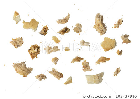 Fresh whole grain bread crumbs isolated on white background. Isolate crumbs of different sizes for inserting into a design or project. 105437980
