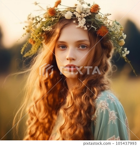 Portrait of beautiful girl with wreath of flowers on her head while sunset. Beautiful young woman with wreath of flowers on her head in wheat field. 105437993