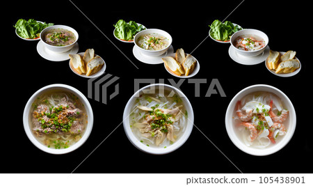 Set or collage of vietnamese traditional soups Pho with chicken, seafood and beef (pho ga, pho bo, pho hai san) Set or collage of vietnamese traditional soups Pho with chicken, seafood and beef (pho ga, pho bo, pho hai san) 105438901