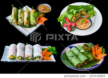 Set or collage of different types of vietnamese spring rolls on a black background 105438903