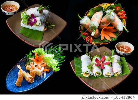 Set or collage of different types of vietnamese spring rolls on a black background 105438904