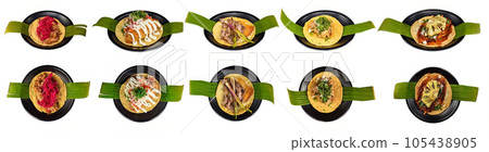 Set or collage of many latin american and different mexican tacos on white background 105438905