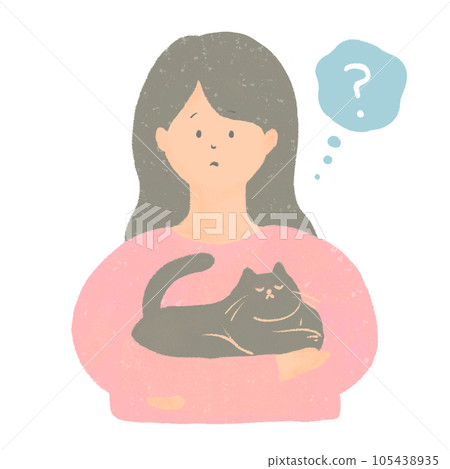 Illustration of a woman holding a cat while having doubts Illustration of a woman holding a cat while having doubts 105438935