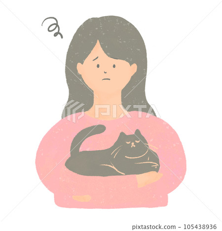 Illustration of a woman holding a cat with a troubled face Illustration of a woman holding a cat with a troubled face 105438936