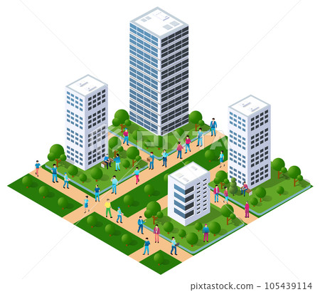 The city lifestyle scene on urban themes with houses, cars, people, 105439114