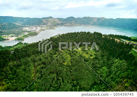 Aerial shot picturesque paradise of Sete Cidades in Azores 105439745
