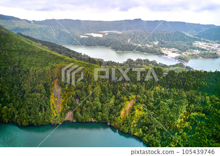 Aerial shot picturesque paradise of Sete Cidades in Azores Aerial shot picturesque paradise of Sete Cidades in Azores 105439746