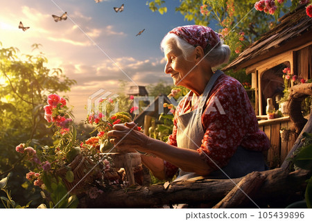 An old woman is planting a flowers inher garden. An old woman is planting a flowers inher garden. 105439896