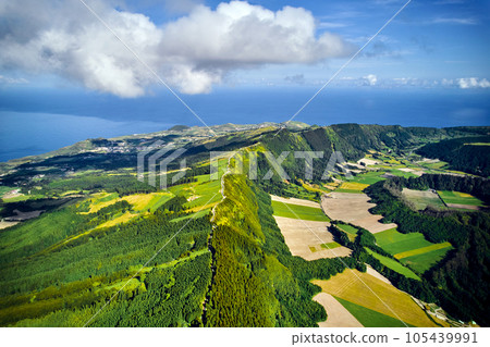 Aerial shot, picturesque nature view of Azores. Portugal Aerial shot, picturesque nature view of Azores. Portugal 105439991