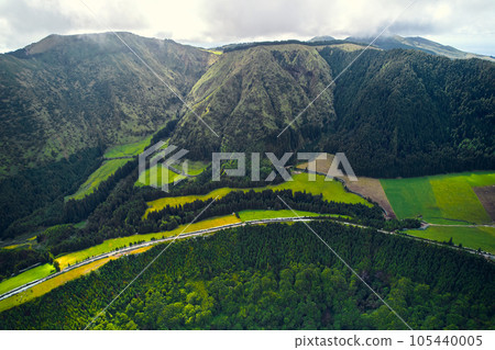 Aerial shot Boca do Inferno landscape with green hills. Azores 105440005