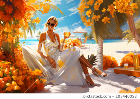 Illustration of a beautiful woman on vacation on a tropical island 105440058