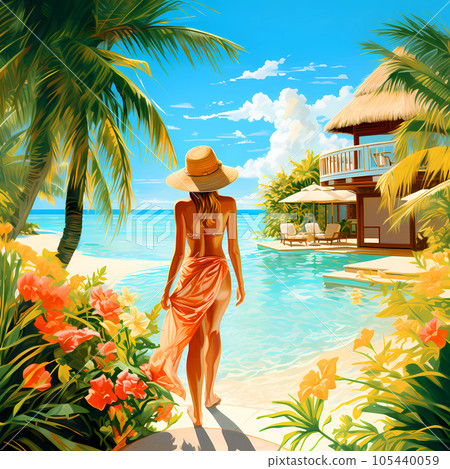 Illustration of a beautiful woman on vacation on a tropical island 105440059