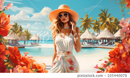 Illustration of a beautiful woman on vacation on a tropical island 105440078