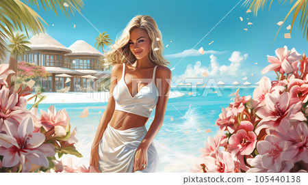 Illustration of a beautiful woman on vacation on a tropical island Illustration of a beautiful woman on vacation on a tropical island 105440138