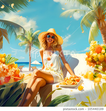 Illustration of a beautiful woman on vacation on a tropical island 105440189