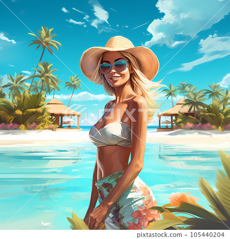 Illustration of a beautiful woman on vacation on a tropical island 105440204
