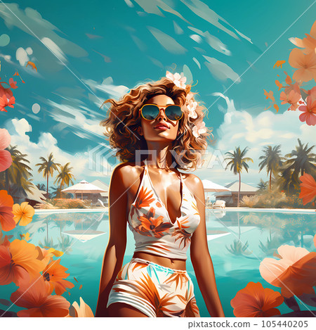 Illustration of a beautiful woman on vacation on a tropical island 105440205