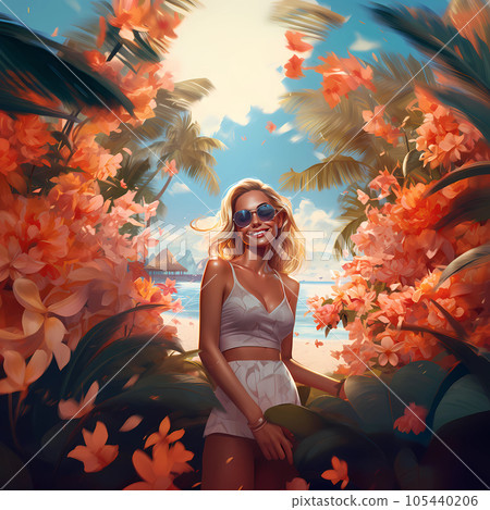 Illustration of a beautiful woman on vacation on a tropical island 105440206