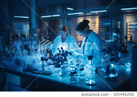 Several scientists in the process of working in a modern pharmaceutical laboratory. 105440209