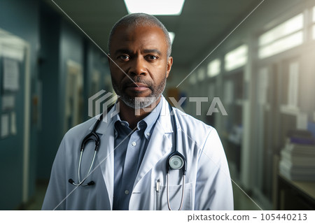 Portait of a serious doctor in a hospital corridor. 105440213