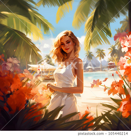 Illustration of a beautiful woman on vacation on a tropical island Illustration of a beautiful woman on vacation on a tropical island 105440214