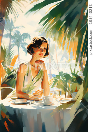 Illustration of a beautiful woman on vacation on a tropical island 105440218