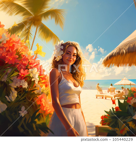 Illustration of a beautiful woman on vacation on a tropical island 105440229