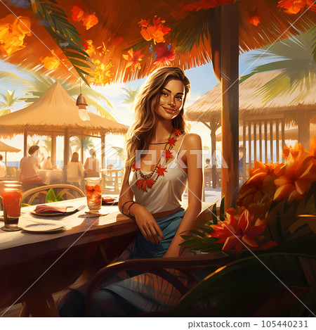 Illustration of a beautiful woman on vacation on a tropical island 105440231
