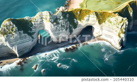 Panoramic view of the beach of Etretat in Normandy, France 105440310