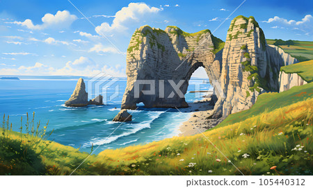 Panoramic view of the beach of Etretat in Normandy, France 105440312