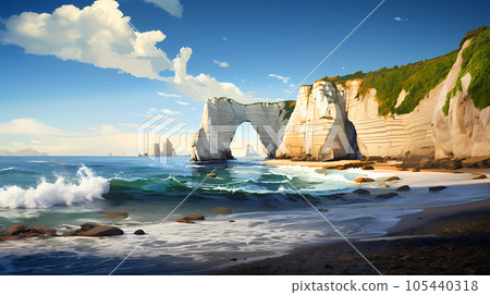 Panoramic view of the beach of Etretat in Normandy, France 105440318
