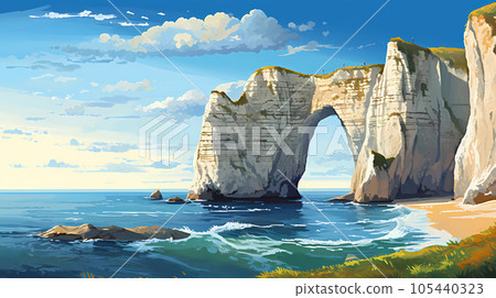 Panoramic view of the beach of Etretat in Normandy, France 105440323