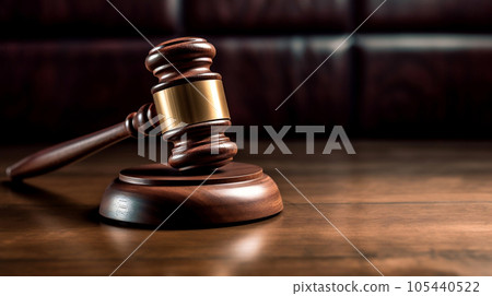 Wooden gavel hammer on the table in the courtroom with copy space, judgment, justice, law, auction concept. Generative AI Wooden gavel hammer on the table in the courtroom with copy space, judgment, justice, law, auction concept. Generative AI 105440522