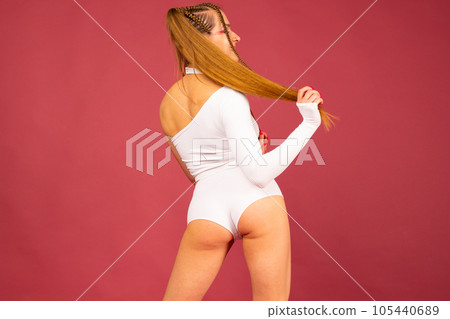 Photo of happy good mood smiling cheerful sportive athlete woman isolated on color background 105440689