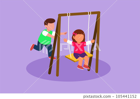 Character flat drawing little girl swinging on swing and her little boy friend helped push from behind. Happy kids playing swing together in public park playground. Cartoon design vector illustration Character flat drawing little girl swinging on swing and her little boy friend helped push from behind. Happy kids playing swing together in public park playground. Cartoon design vector illustration 105441152