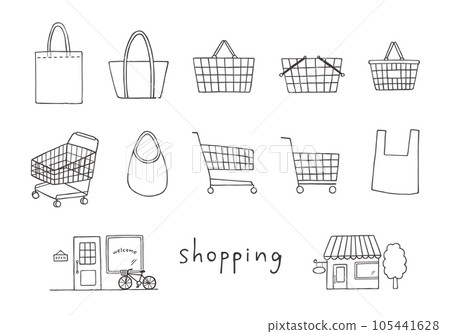 Hand drawn illustration set such as shopping cart and eco bag Hand drawn illustration set such as shopping cart and eco bag 105441628