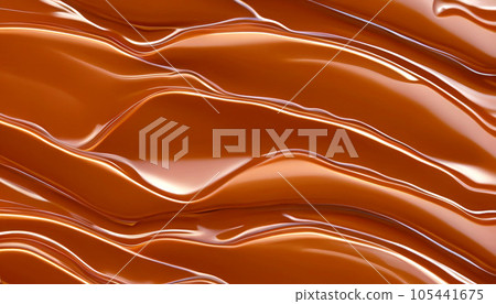 Delicious melted caramel texture. Flow, wave and drops splash caramels sauce. Sweet food design background. 105441675