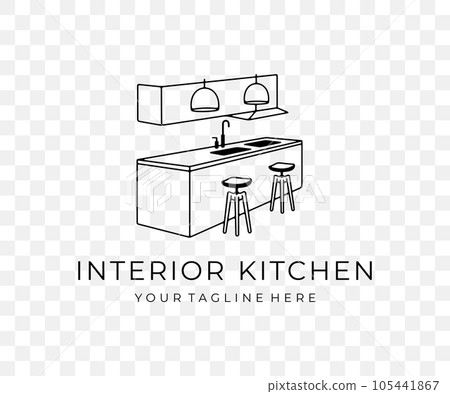 Interior of modern kitchen, living room, home and house, linear graphic design. Exterior, furniture, table, kitchen island, crockery, lamps and cabinets, vector design and illustration 105441867