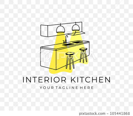 Interior of modern kitchen, living room, home and house, graphic design. Exterior, furniture, table, kitchen island, crockery, lamps and cabinets, vector design and illustration 105441868
