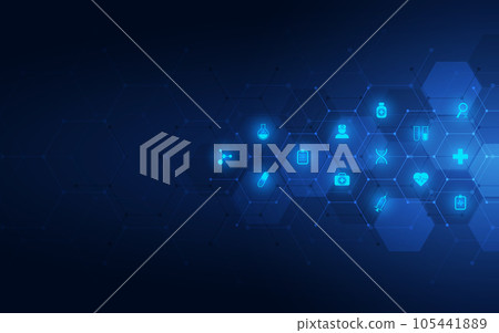 Healthcare and technology concepts with flat icons and symbols. Template design for health care business, innovation medicine, science background, medical research 105441889