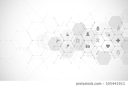 Illustration of medical background and healthcare technology with flat icons and symbols. Design template of concept and idea for health care business, innovation medicine, health safety, science 105441911