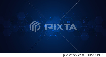 Illustration of healthcare and technology concepts with flat icons and symbols. Template design for health care business, innovation medicine, science background, medical research 105441913