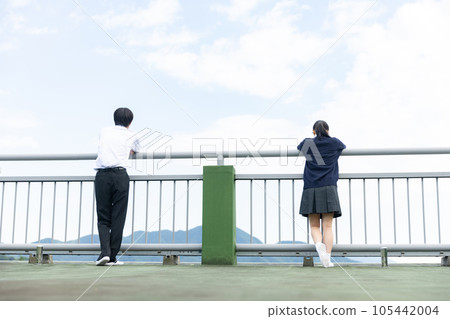 Students looking out on the rooftop 105442004